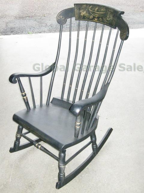 Vtg Antique S. Bent & Bros Colonial Wood Rocker Rocking Chair Black Gold Stencil 2