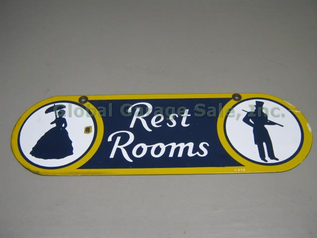 Vtg 1930s Sunoco Gas Station Hanging Porcelain Enamel Rest Rooms Bathroom Sign 3