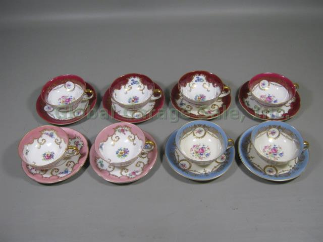8 Vtg Antique Royal Bayreuth Bavaria Germany Teacups & Saucers Set Lot Blue Pink