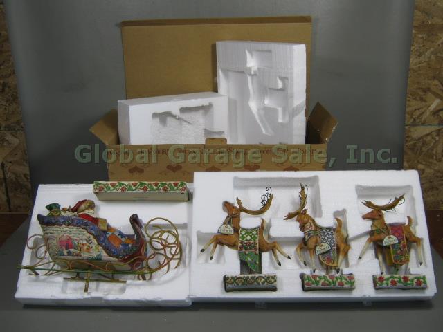 Jim Shore Delivering Joy Xmas Santa Sleigh & 3 Dash Away Reindeer Figurine Set