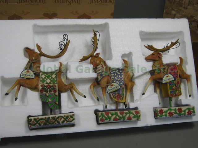 Jim Shore Delivering Joy Xmas Santa Sleigh & 3 Dash Away Reindeer Figurine Set 2