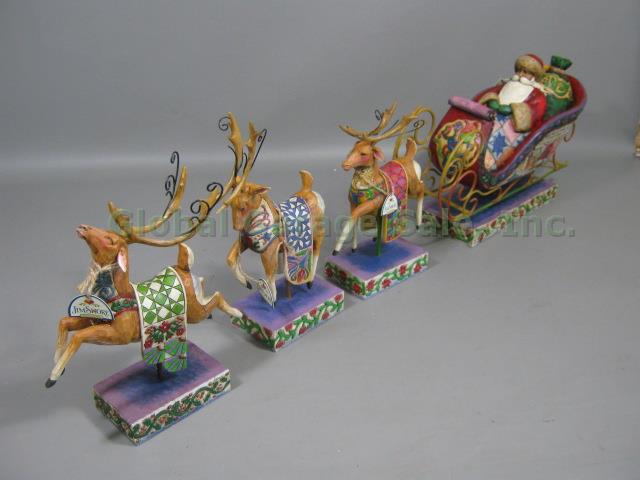 Jim Shore Delivering Joy Xmas Santa Sleigh & 3 Dash Away Reindeer Figurine Set 3