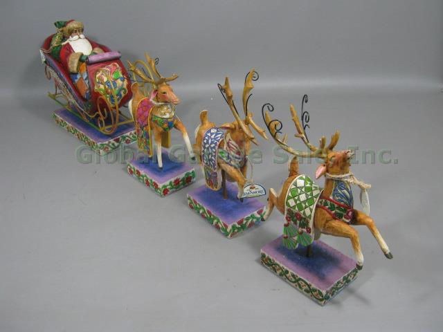 Jim Shore Delivering Joy Xmas Santa Sleigh & 3 Dash Away Reindeer Figurine Set 5