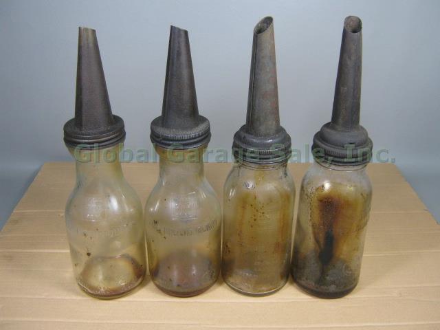 4 Vtg Quart Qt Embossed Glass Motor Oil Jars Bottles + Spouts Metal Carrier Rack 1