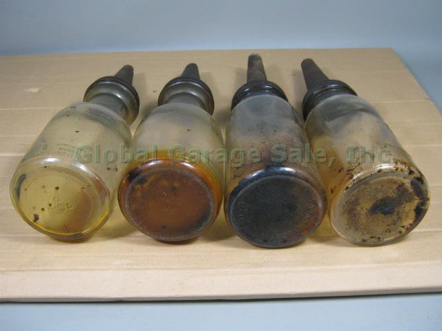4 Vtg Quart Qt Embossed Glass Motor Oil Jars Bottles + Spouts Metal Carrier Rack 4