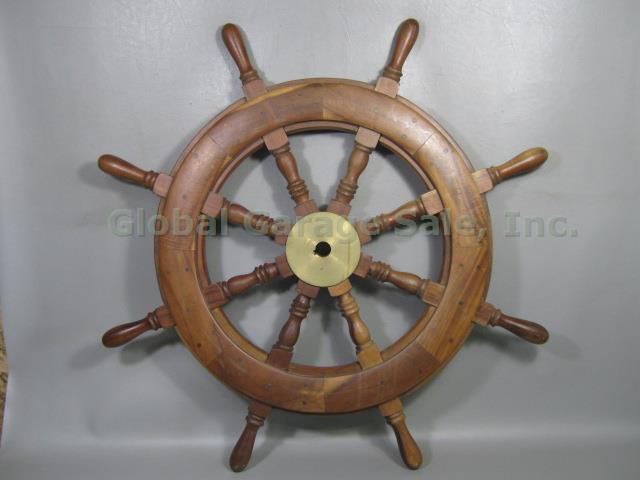 Vtg Antique Wood Wooden Brass Ship Captain Boat Helm Nautical Steering Wheel 32"