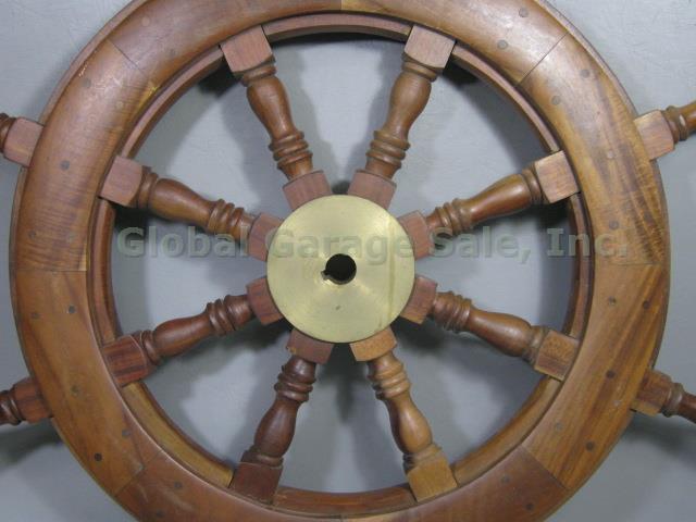 Vtg Antique Wood Wooden Brass Ship Captain Boat Helm Nautical Steering Wheel 32" 1