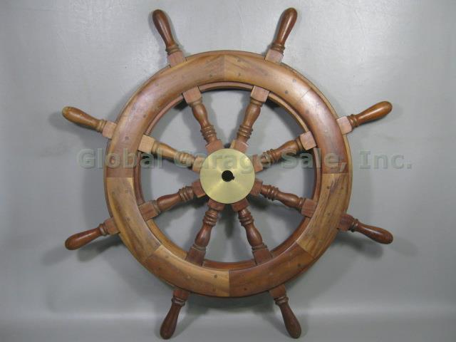Vtg Antique Wood Wooden Brass Ship Captain Boat Helm Nautical Steering Wheel 32" 3