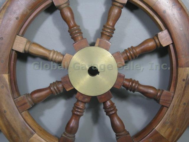 Vtg Antique Wood Wooden Brass Ship Captain Boat Helm Nautical Steering Wheel 32" 4