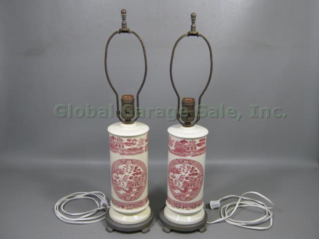Antique Empire Work Ware Stoke-On-Trent England Red Willow Porcelain Table Lamps