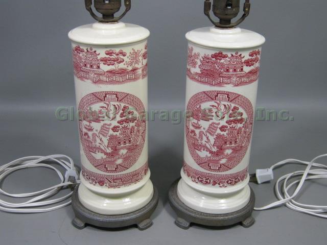Antique Empire Work Ware Stoke-On-Trent England Red Willow Porcelain Table Lamps 1