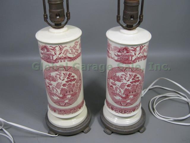Antique Empire Work Ware Stoke-On-Trent England Red Willow Porcelain Table Lamps 3