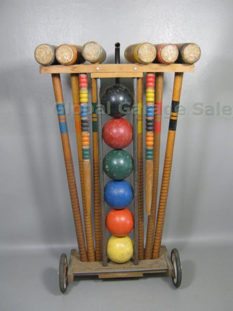 Vtg Croquet Set W/ 6 Mallets Balls 9 Hoops Wickets + Rolling Wheel Carrier Rack 2