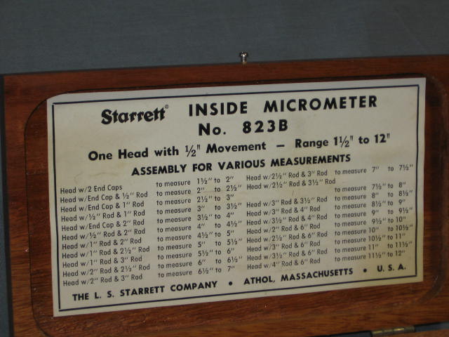 Starrett Inside Micrometer Set No. 823B Range 1 1/2-12" 6