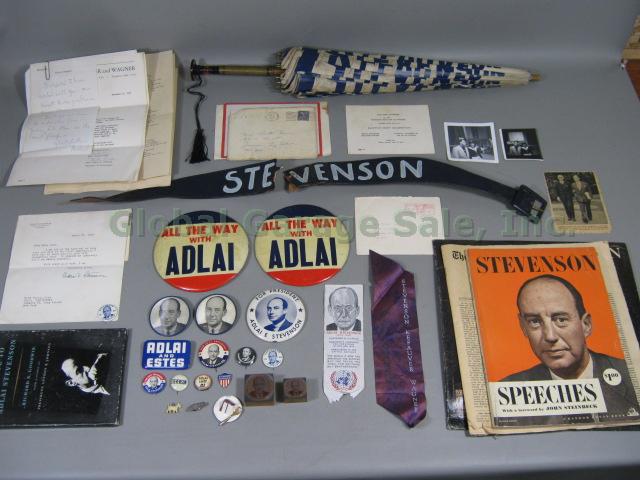 RARE Adlai Stevenson 1956 1960 Campaign Umbrella Belt Buttons Signed Letters Lot