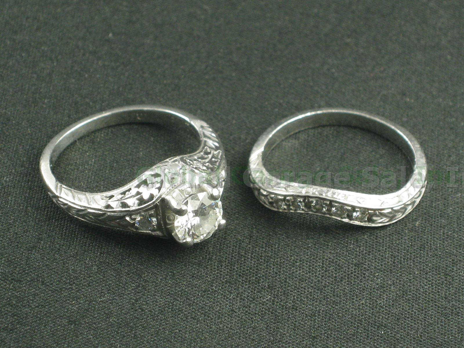 Round Brilliant G SI2 .63ct Diamond Platinum Filigree Engagement Ring + Wed Band