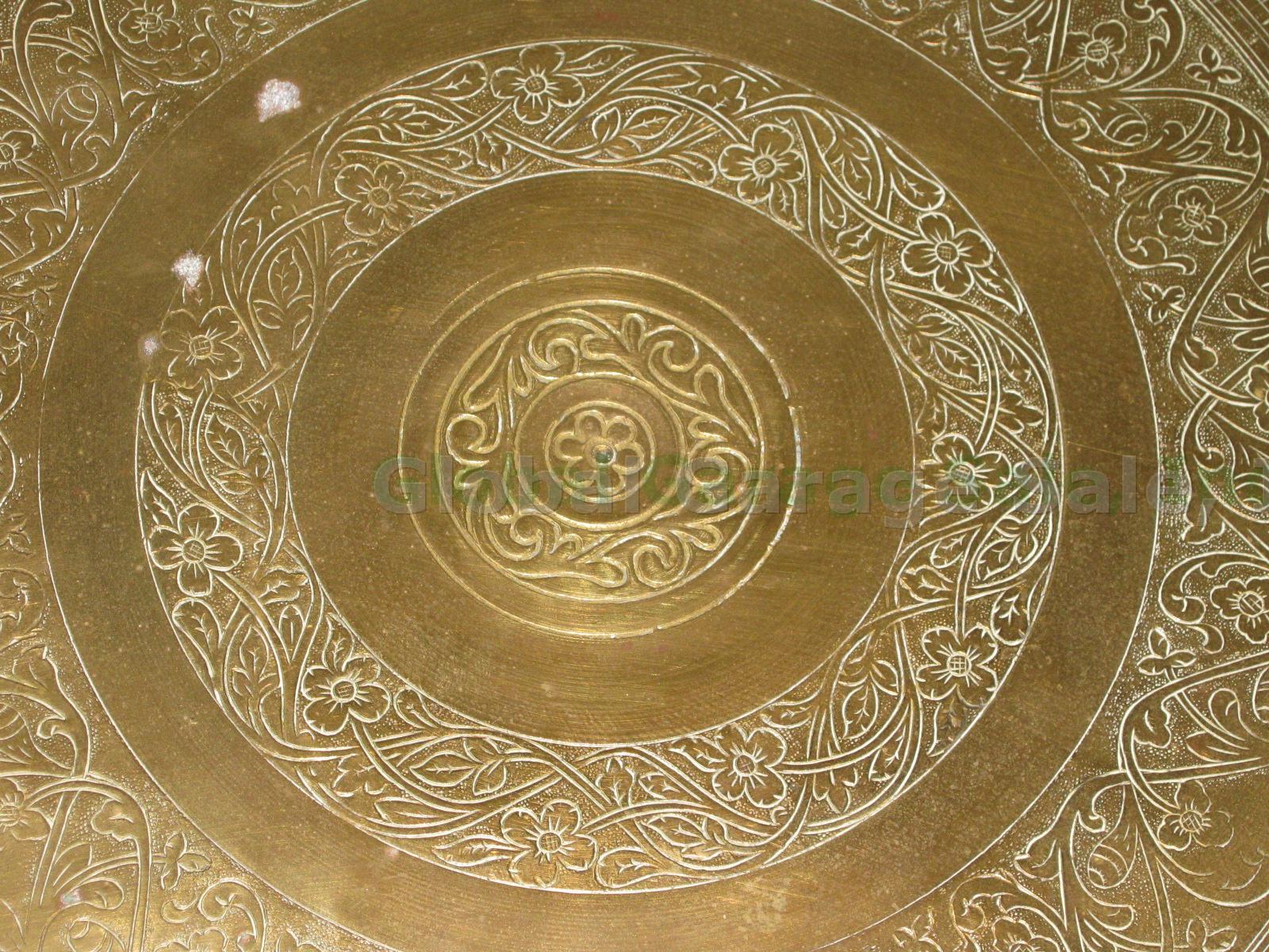 Vtg Engraved Brass 23" Round Tea Tray Table w/ Stand Islamic Moroccan Persian 3