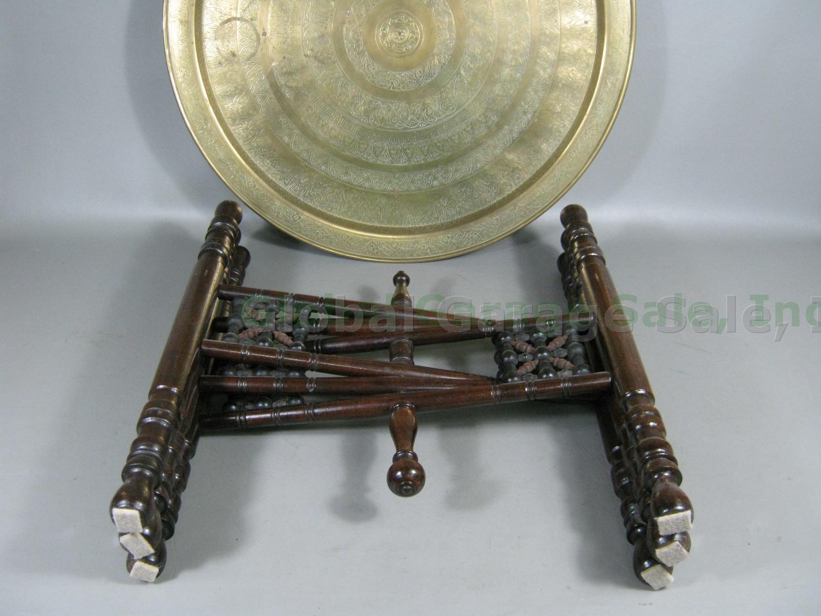 Vtg Engraved Brass 23" Round Tea Tray Table w/ Stand Islamic Moroccan Persian 8