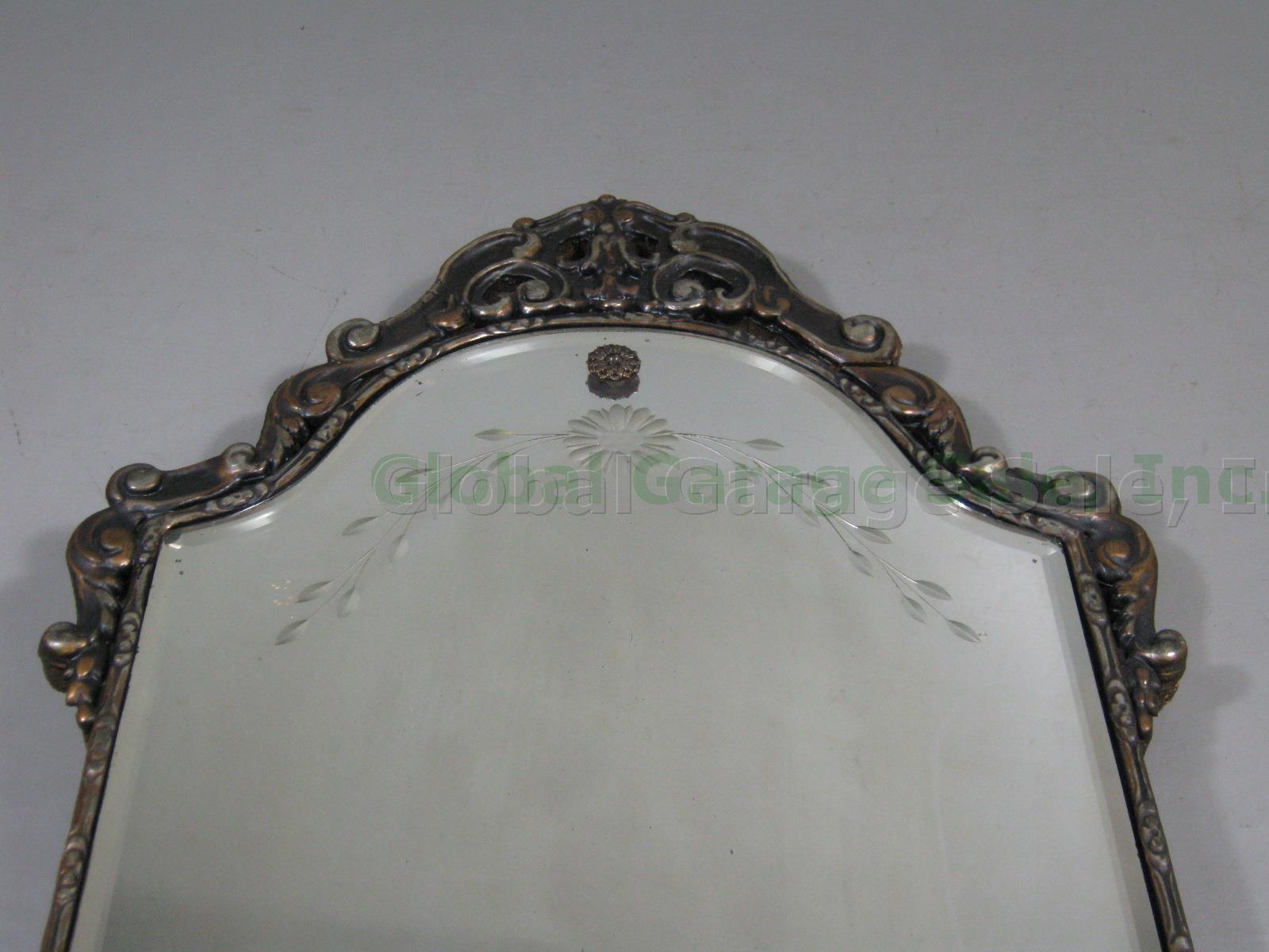 Vtg Antique Wall Mirror Beveled Cut Glass Ornate Floral Flower Design 30" x 13.5 1