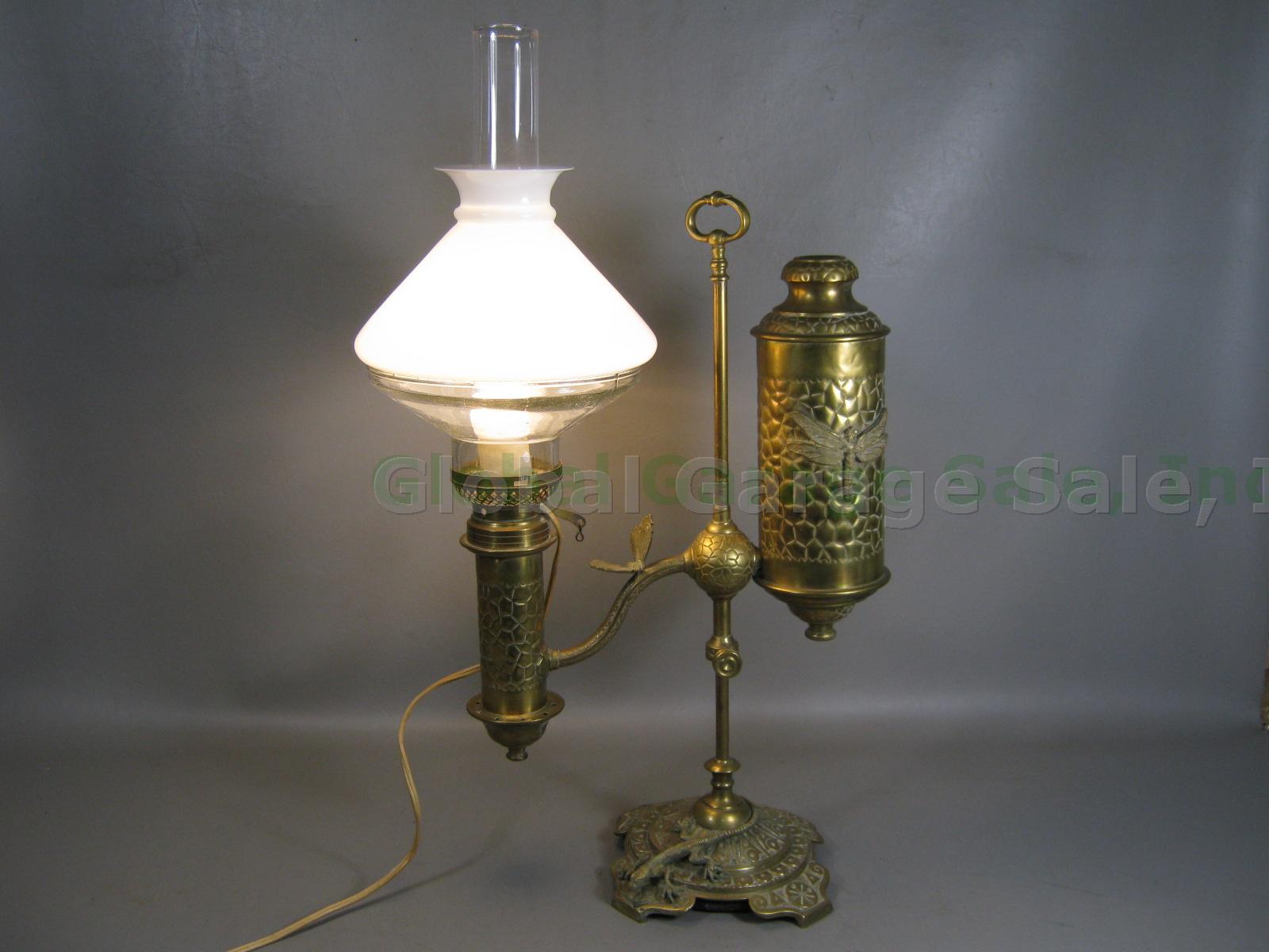 Vtg Antique Manhattan Student Brass Oil Table Lamp Converted Electric Tiffany