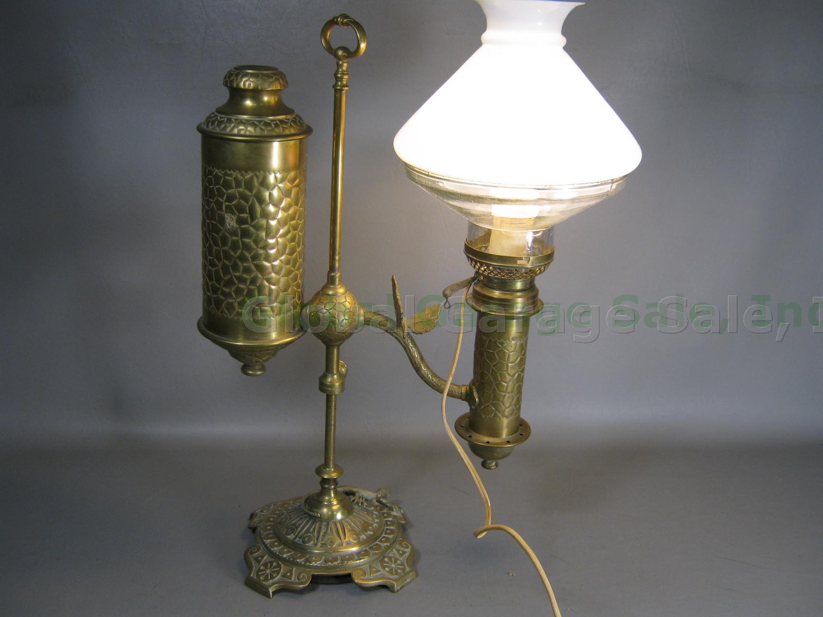 Vtg Antique Manhattan Student Brass Oil Table Lamp Converted Electric Tiffany 11