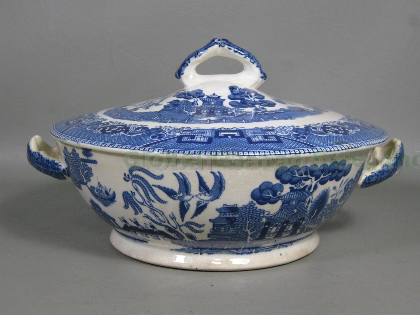 Antique 1911 Buffalo Pottery Blue Willow Transferware Covered Vegetable Bowl NR!