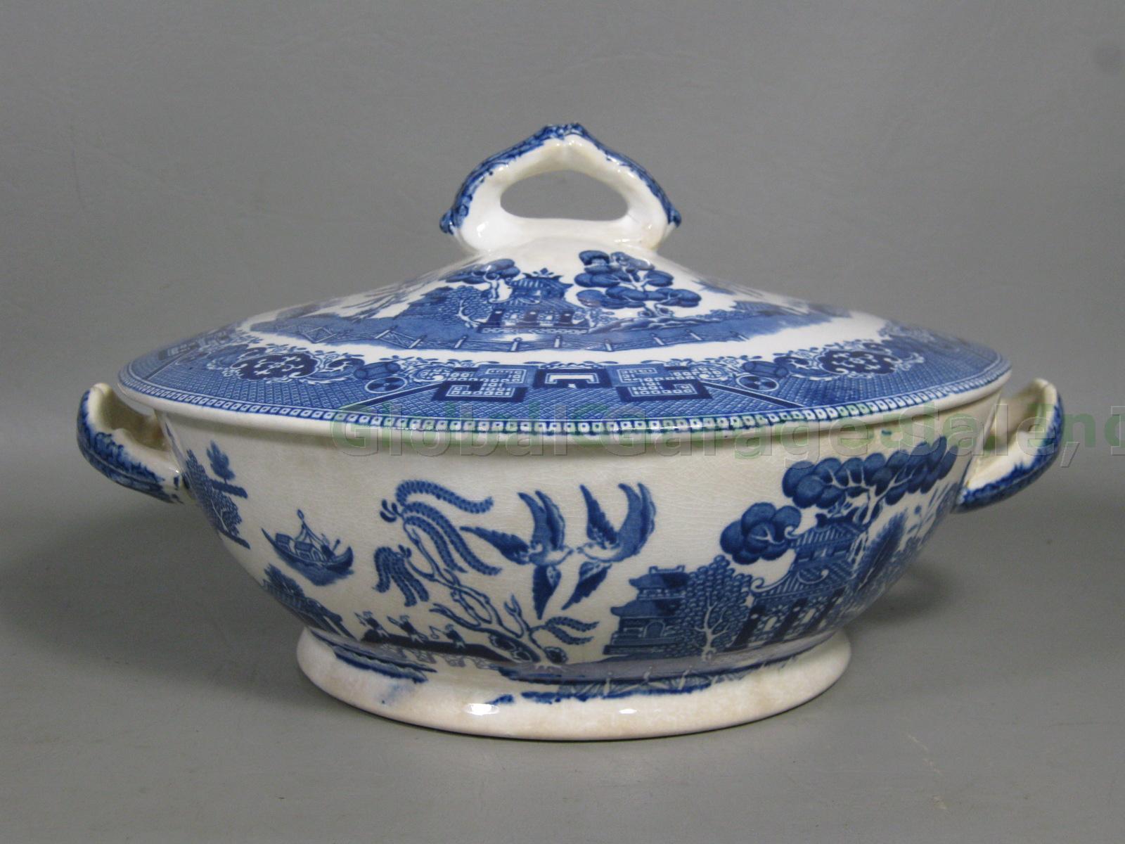 Antique 1911 Buffalo Pottery Blue Willow Transferware Covered Vegetable Bowl NR! 2