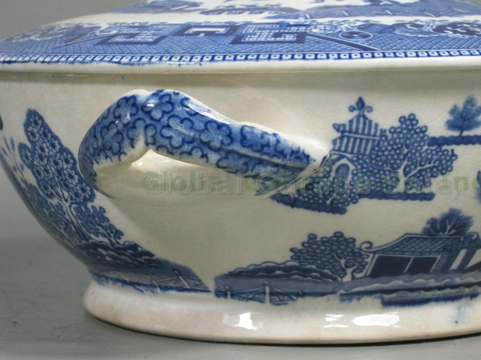 Antique 1911 Buffalo Pottery Blue Willow Transferware Covered Vegetable Bowl NR! 5