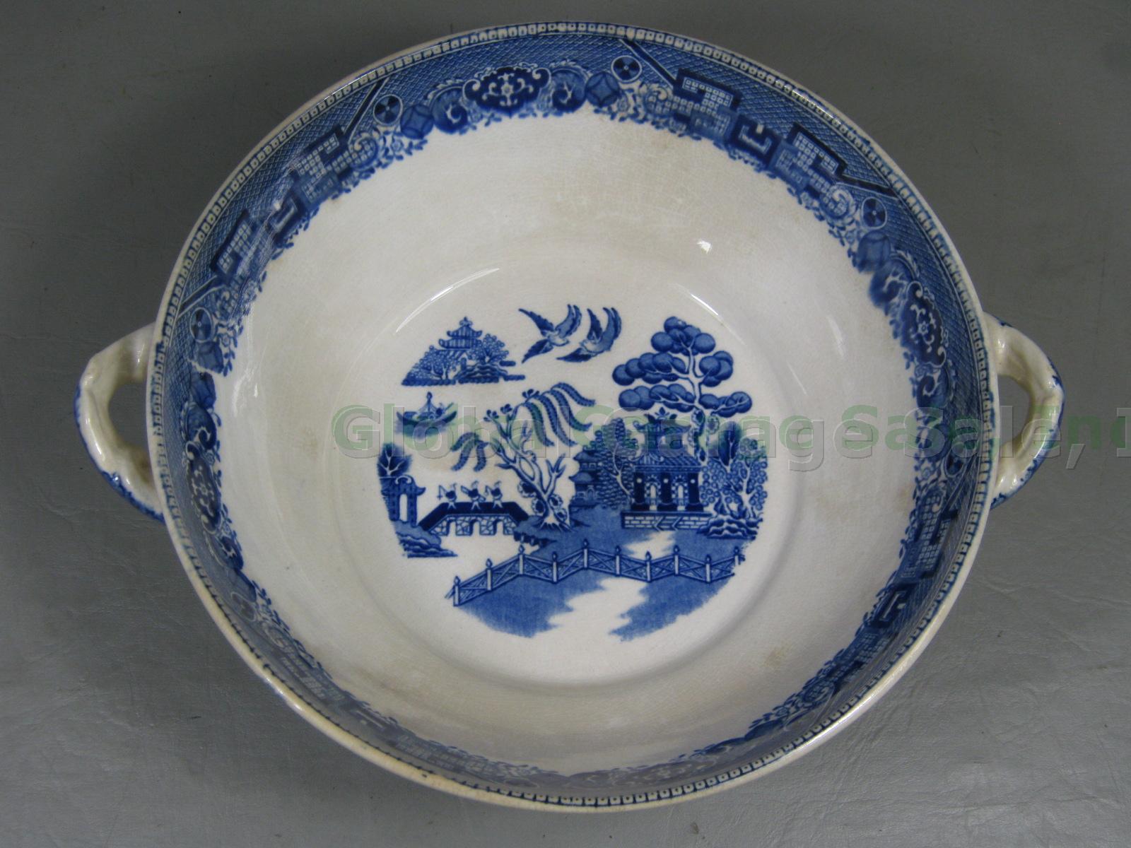 Antique 1911 Buffalo Pottery Blue Willow Transferware Covered Vegetable Bowl NR! 7