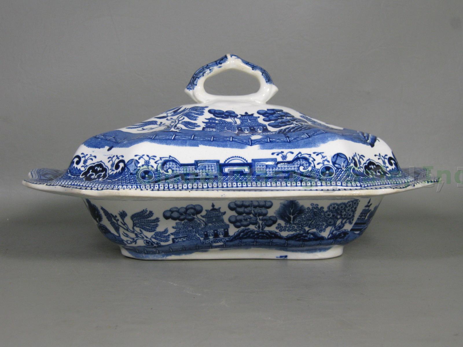 Antique Buffalo Pottery Blue Willow Rectangular Covered Vegetable Serving Bowl