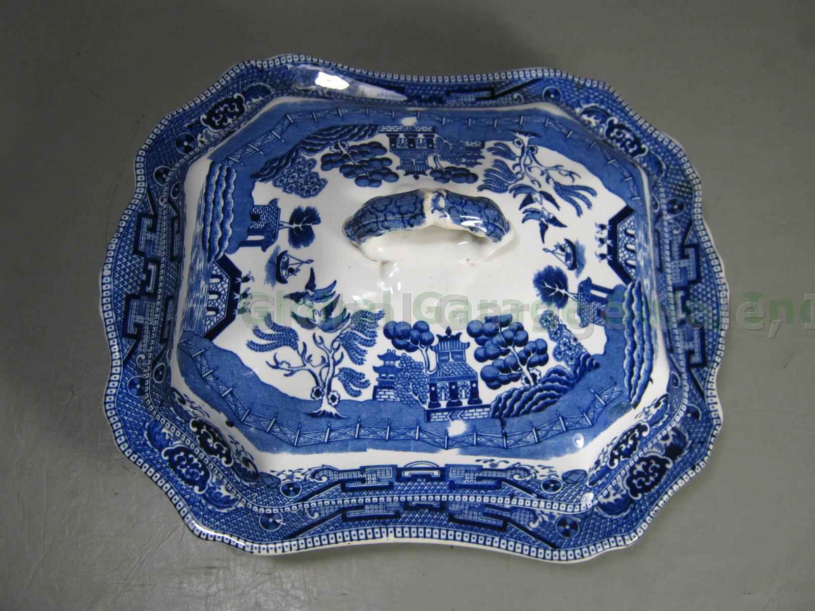 Antique Buffalo Pottery Blue Willow Rectangular Covered Vegetable Serving Bowl 4