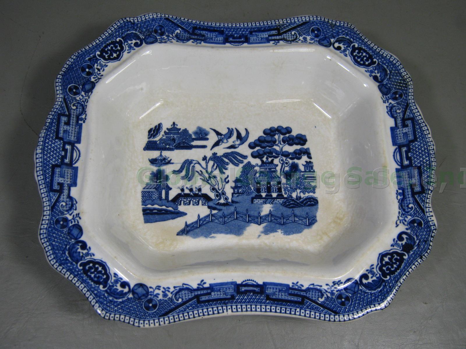 Antique Buffalo Pottery Blue Willow Rectangular Covered Vegetable Serving Bowl 5