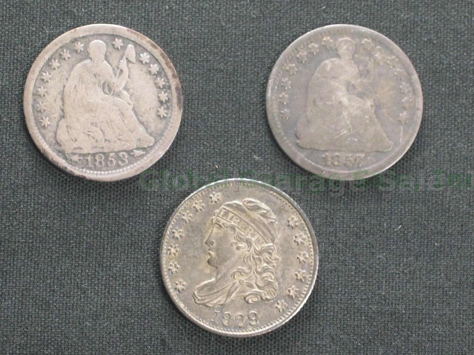 1829 United States Silver Capped Bust Half Dime + 1853 1857 Seated Liberty Coins