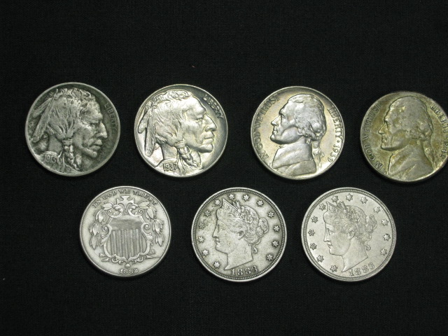 7 US Nickels Lot 1882 Shield 1883 Liberty No Cents 1913 1937 Indian Head Buffalo