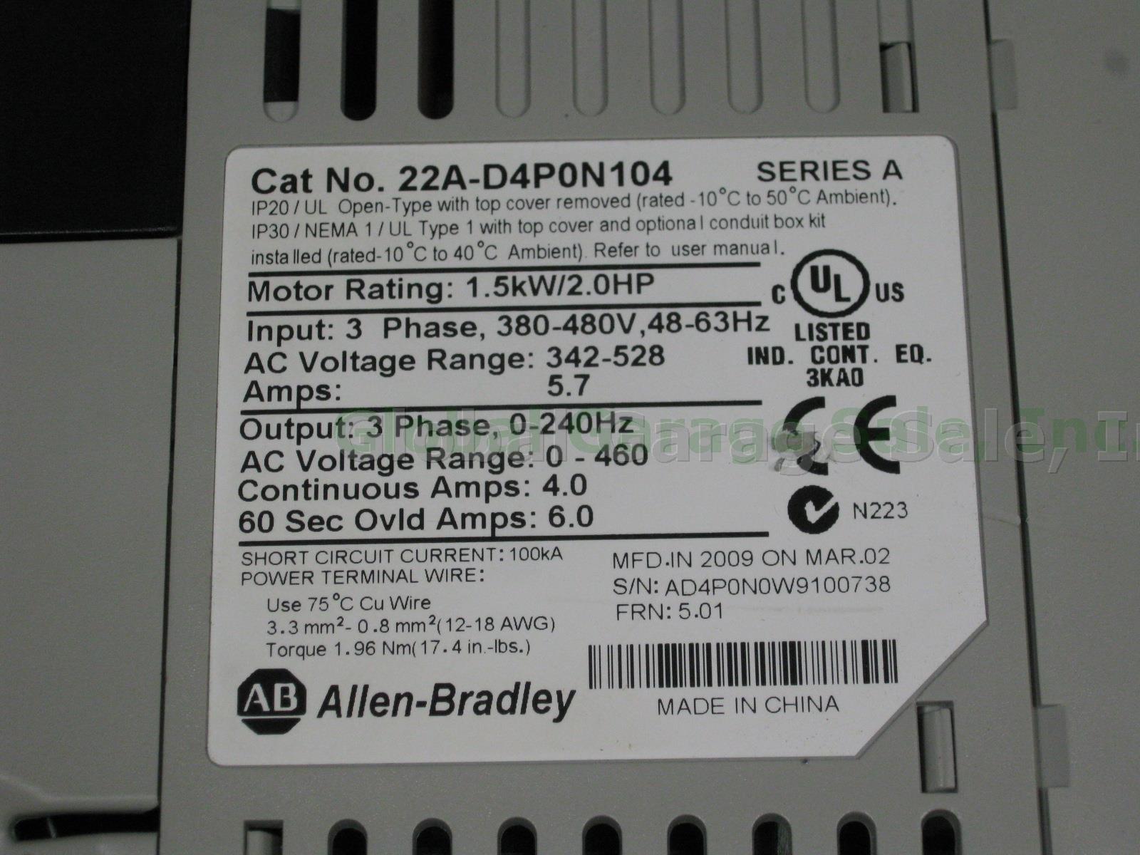 New Allen-Bradley 22A-D4P0N104 PowerFlex 4 AC Drive 342-528V 3PH 4A 1.5kW 2.0HP 5