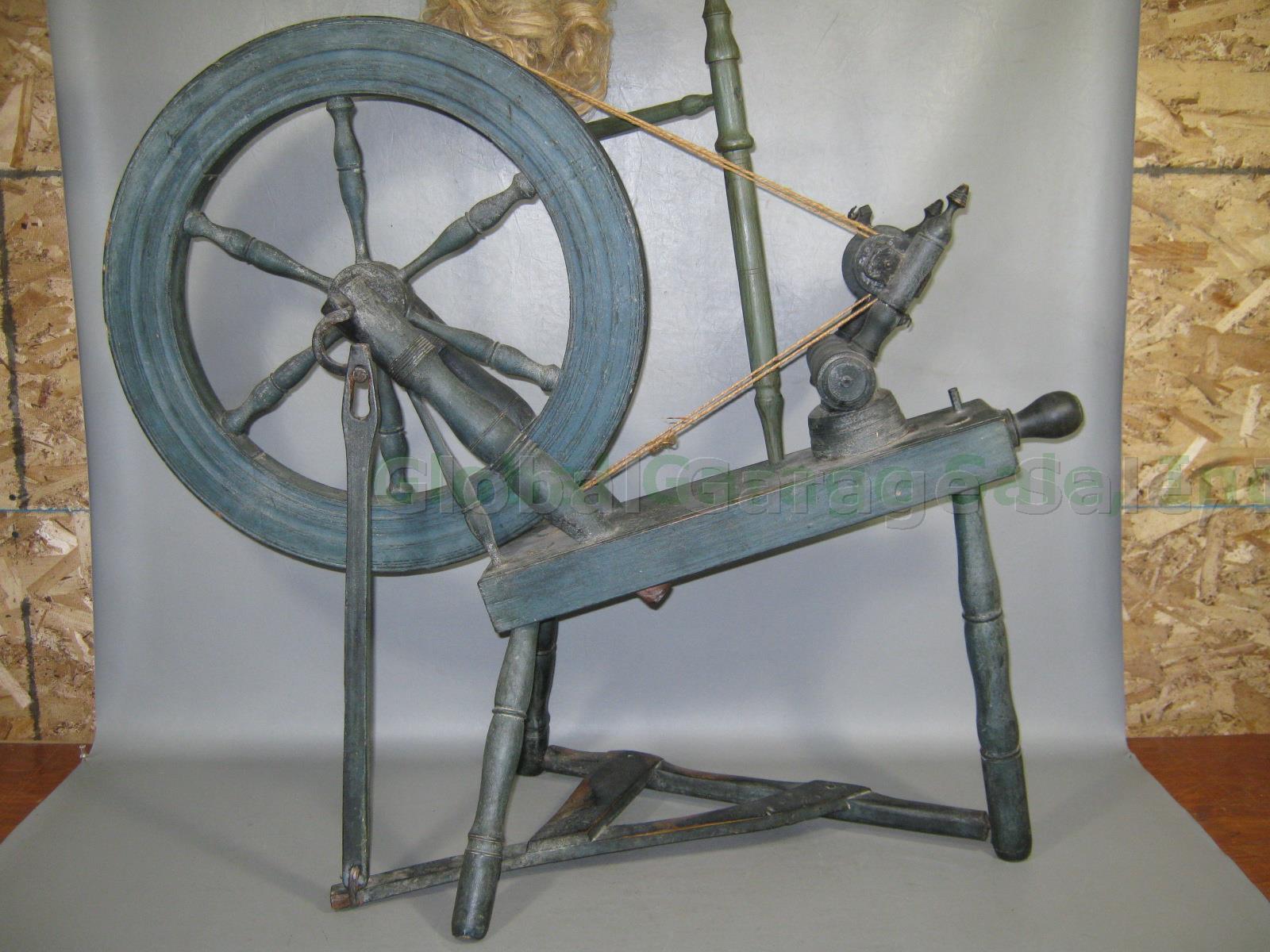 Vtg Antique Primitive 3-Legged Wooden Flax Wool Spinning Wheel W/ Blue Paint NR! 1
