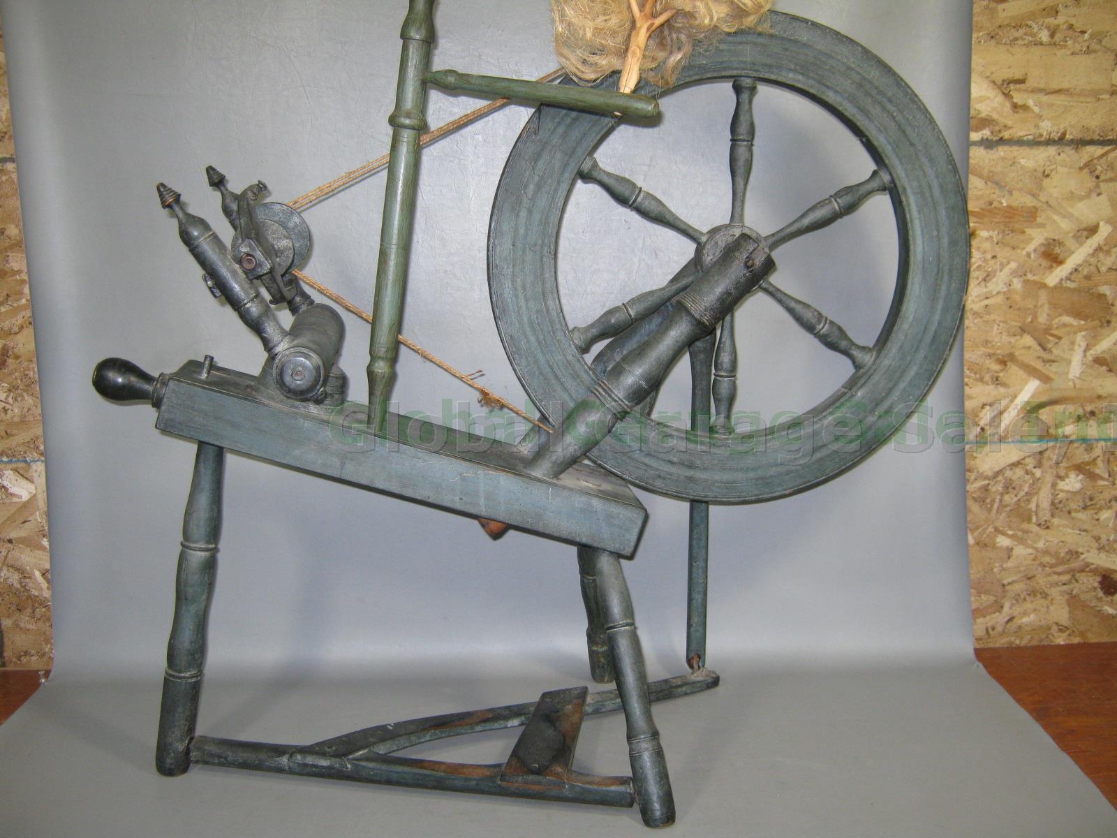 Vtg Antique Primitive 3-Legged Wooden Flax Wool Spinning Wheel W/ Blue Paint NR! 6