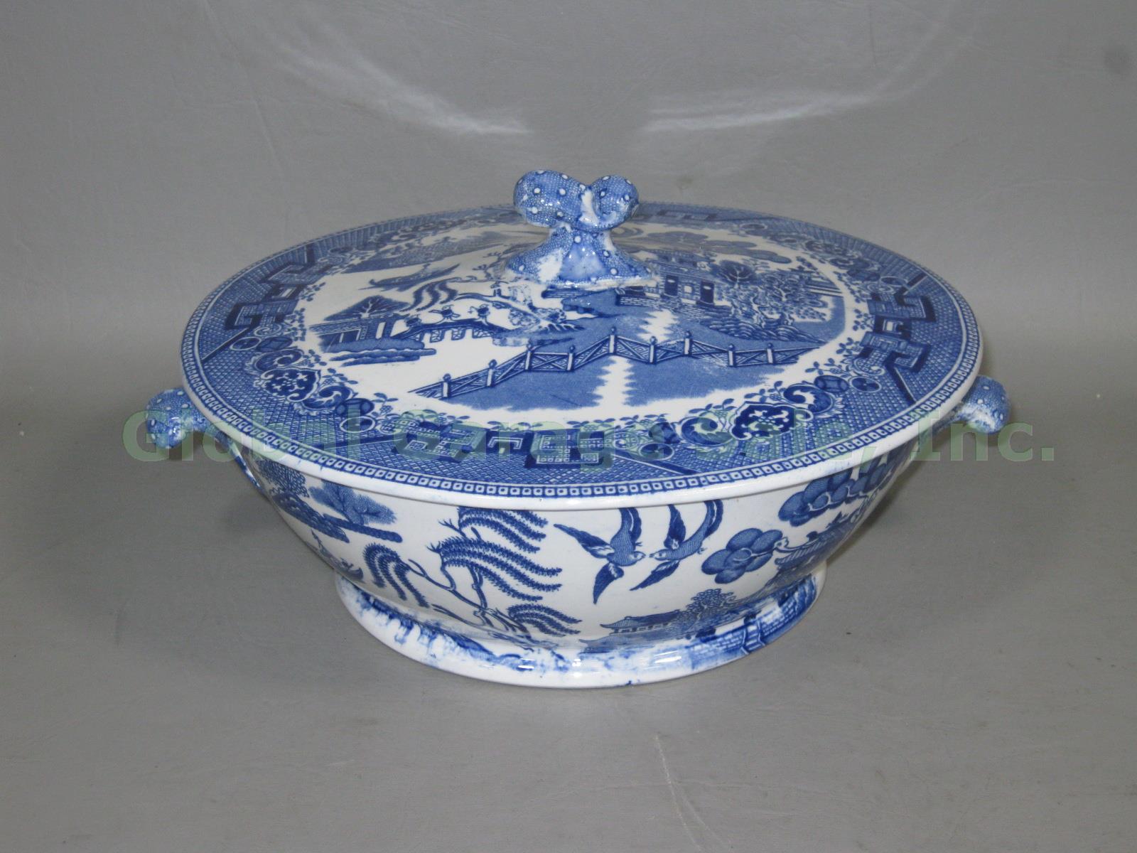 Vtg Antique Ridgways Semi China Blue Willow Round Covered Vegetable Bowl 1832 NR 1