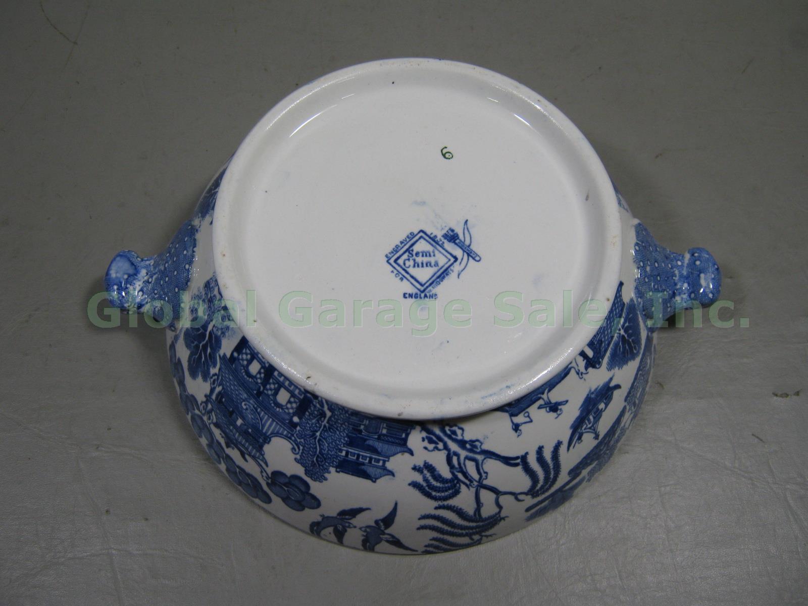 Vtg Antique Ridgways Semi China Blue Willow Round Covered Vegetable Bowl 1832 NR 4
