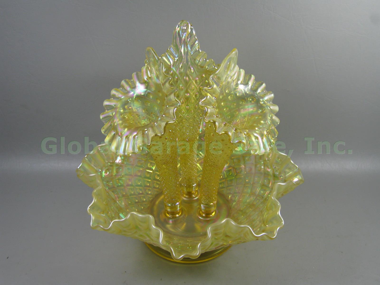 Vtg 4 Piece Fenton Glass Iridescent Carnival Topaz Diamond Lace Epergne Set NR!!
