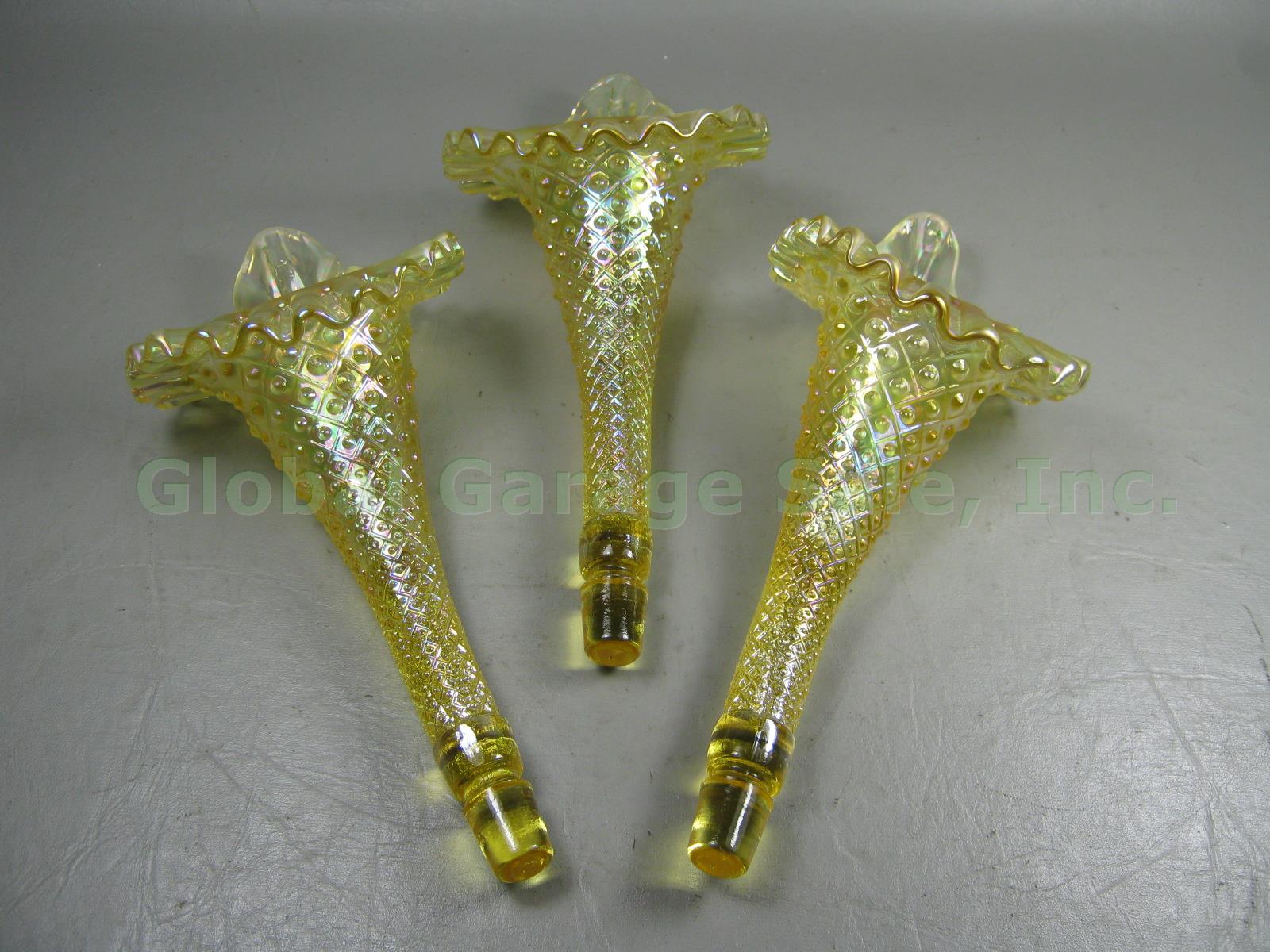 Vtg 4 Piece Fenton Glass Iridescent Carnival Topaz Diamond Lace Epergne Set NR!! 6