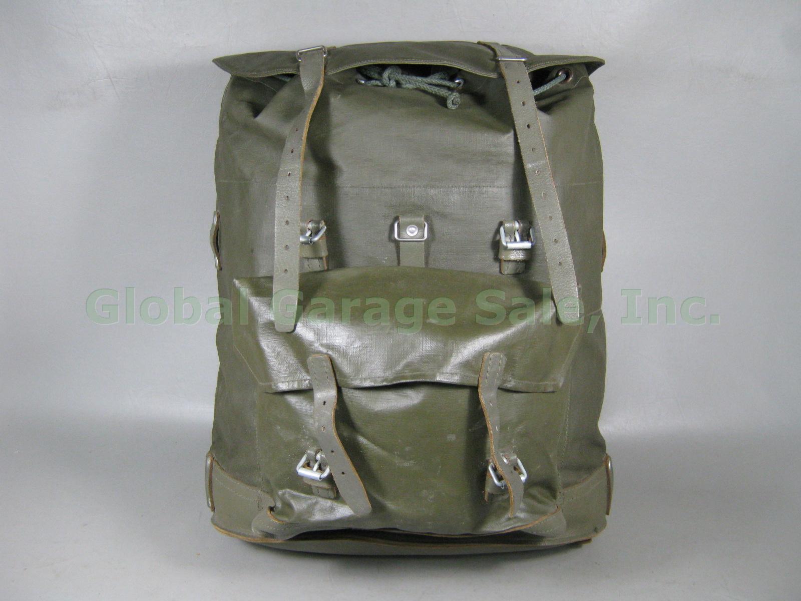Vtg Swiss Rubberized Nylon + Leather Backpack Rucksack Army Military Near Mint!