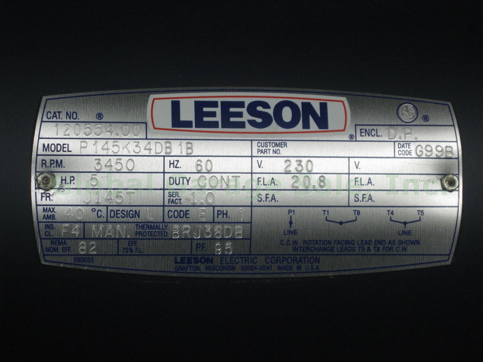New Leeson P145K34DB1B 5HP 3450RPM 1 Phase 230V 60Hz 7/8" Shaft 20.8a Motor NR!! 1