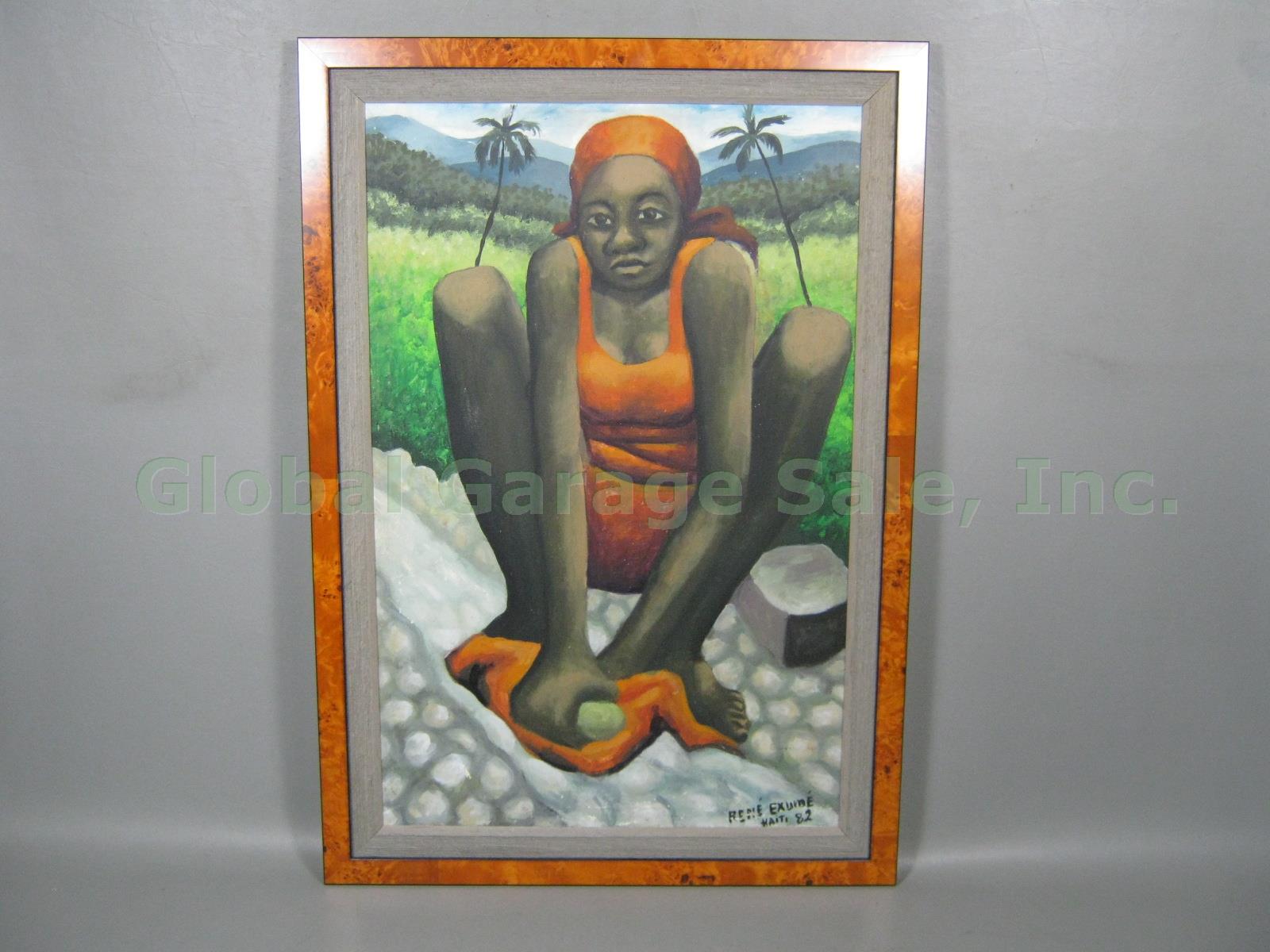 Vtg Original Signed Framed Haitian Woman Folk Art Painting Rene Exume Haiti 1982