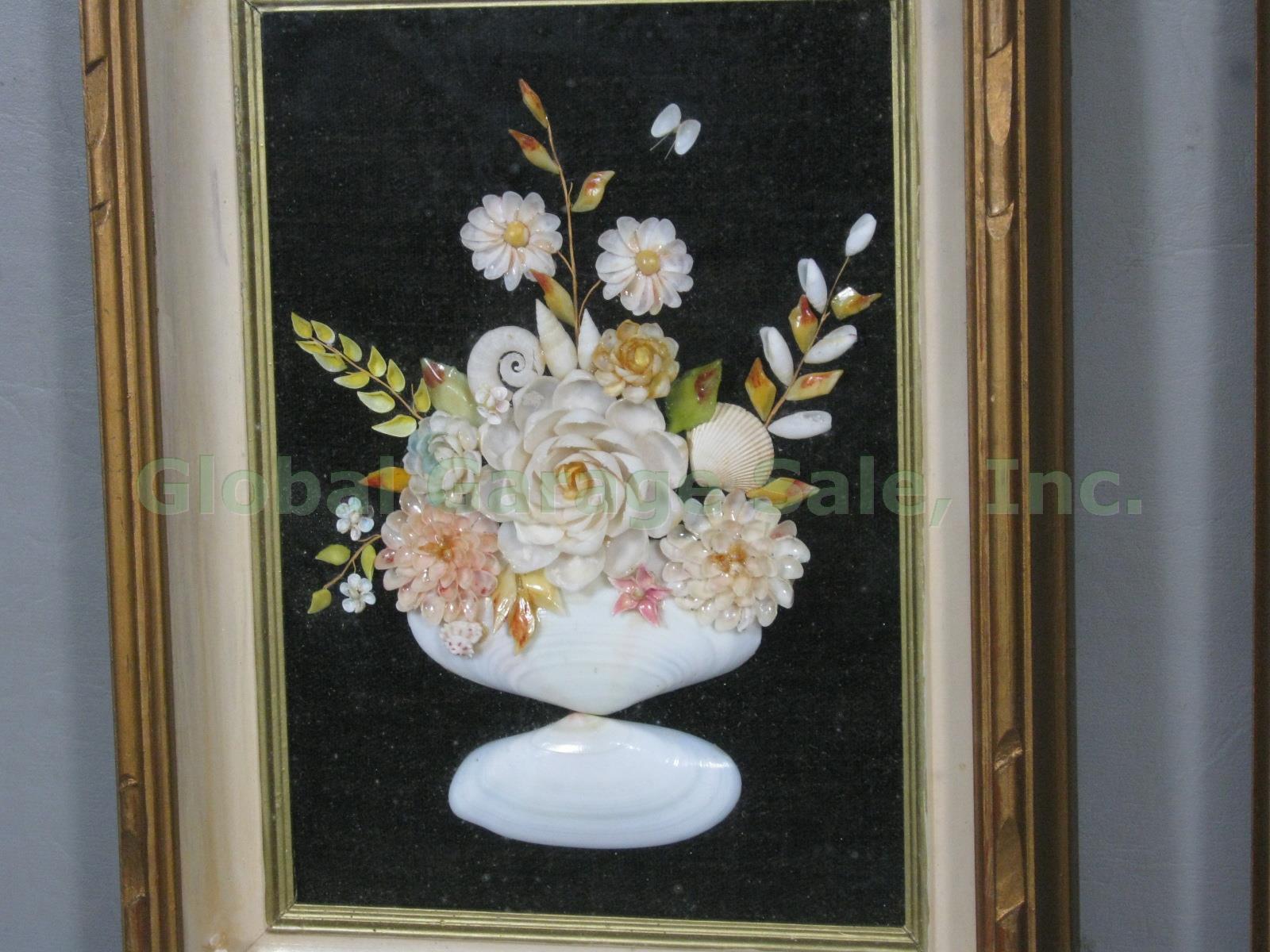 4 Vtg Mid-Century Sea Shell Art Floral Flower Bouquet Shadow Box Wall Decor Set 1