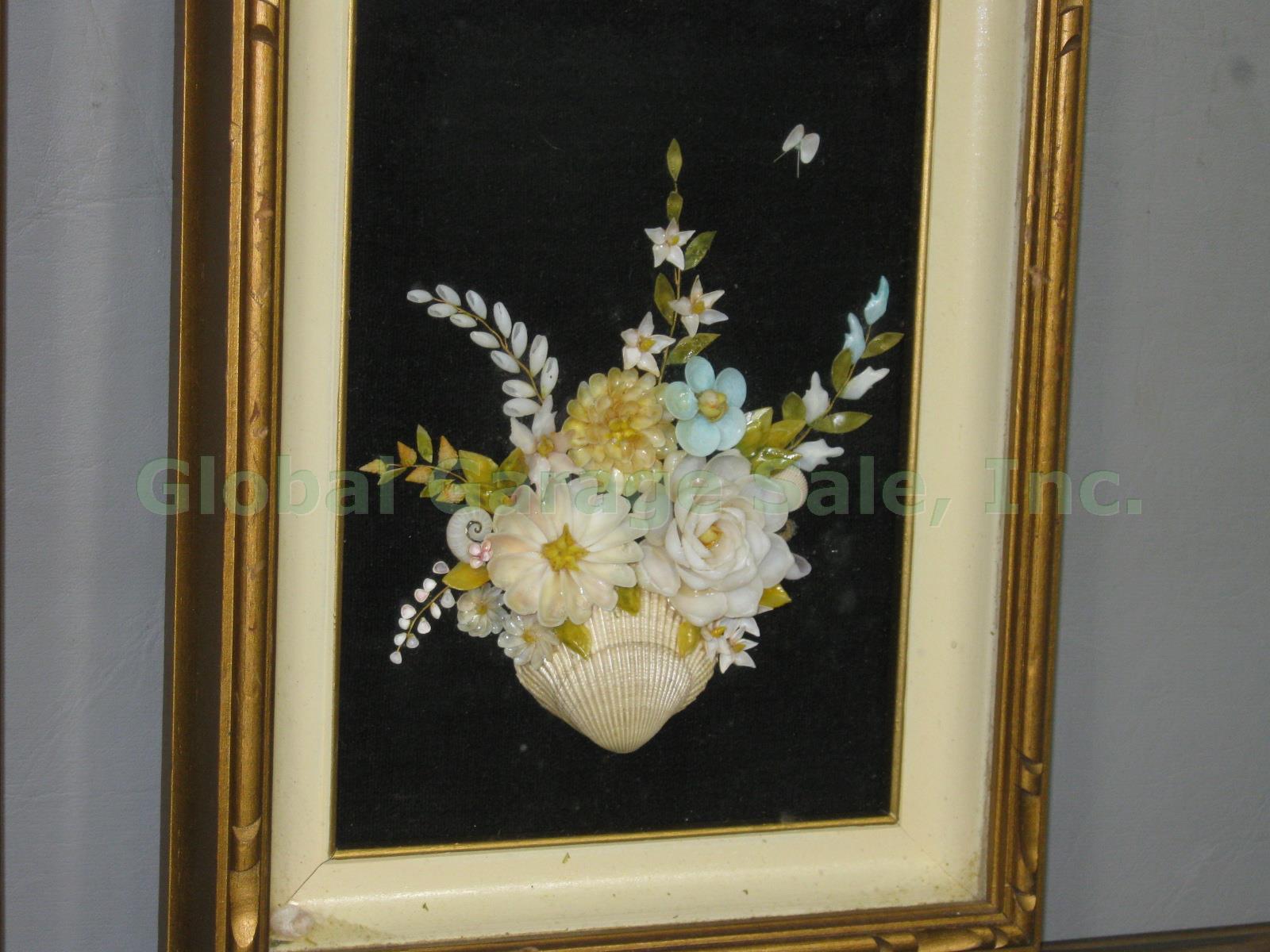 4 Vtg Mid-Century Sea Shell Art Floral Flower Bouquet Shadow Box Wall Decor Set 2