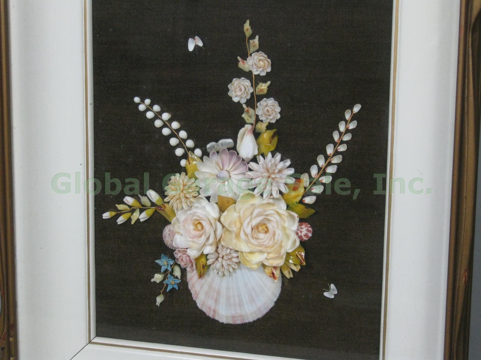 4 Vtg Mid-Century Sea Shell Art Floral Flower Bouquet Shadow Box Wall Decor Set 3