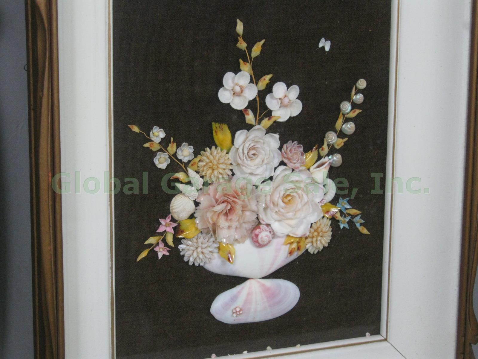 4 Vtg Mid-Century Sea Shell Art Floral Flower Bouquet Shadow Box Wall Decor Set 4