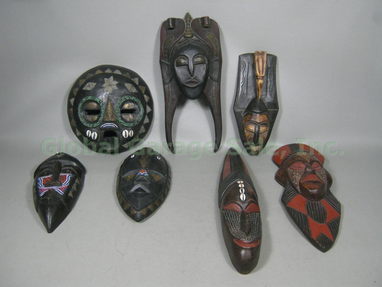 7 Vtg Ghana African Tribal Carved Wood Wall Decor Masks Set Lot Beaded W/ Shells
