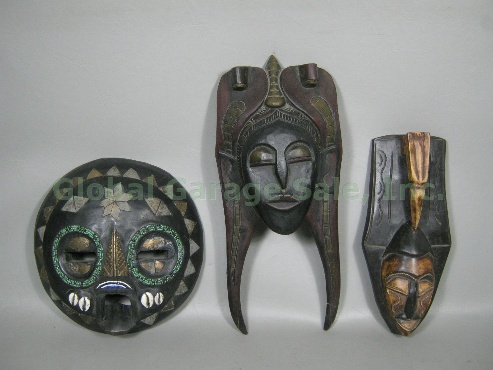 7 Vtg Ghana African Tribal Carved Wood Wall Decor Masks Set Lot Beaded W/ Shells 1